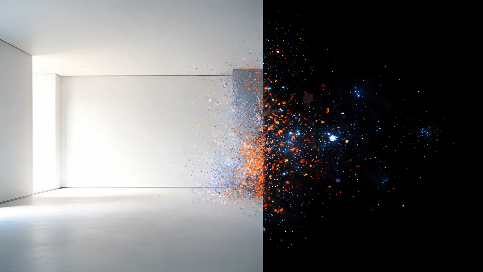 Interno minimale che si dissolve in particelle luminose arancioni e azzurre, elaborazione di immagini con intelligenza artificiale